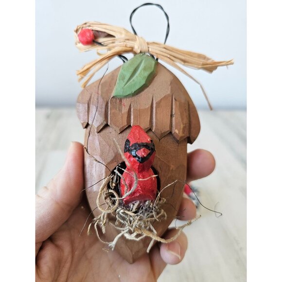 Cardinal bird ornament acorn pear set vintage nest unique birdhouse wooden - Picture 2 of 14